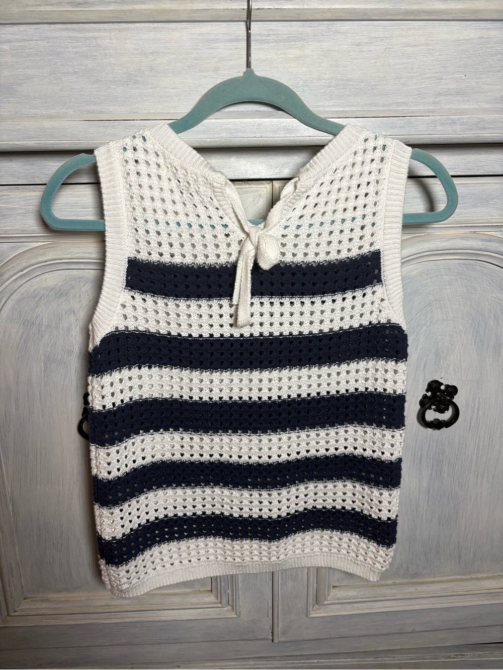 Navy White Stripe Open Knit Sweater Tank Coastal Preppy Beach Resort Nautical - Picture 7 of 7